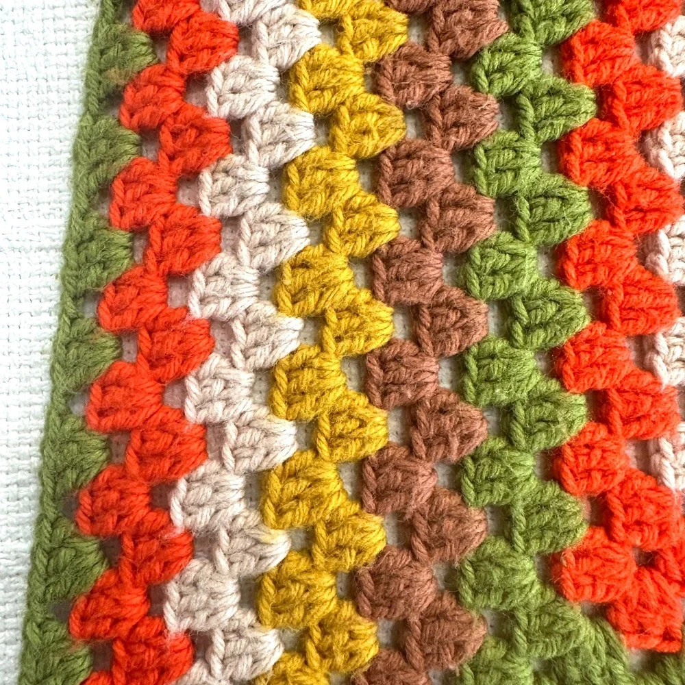 VTG 70s Granny‎ Square Crochet Baby Blanket Retro Orange Green Boho Stroller 34